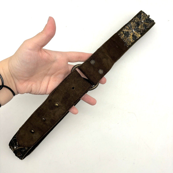 Vintage 00s Antik Batik Brown Genuine Leather Gold Sequins Rhinestone Belt 34\